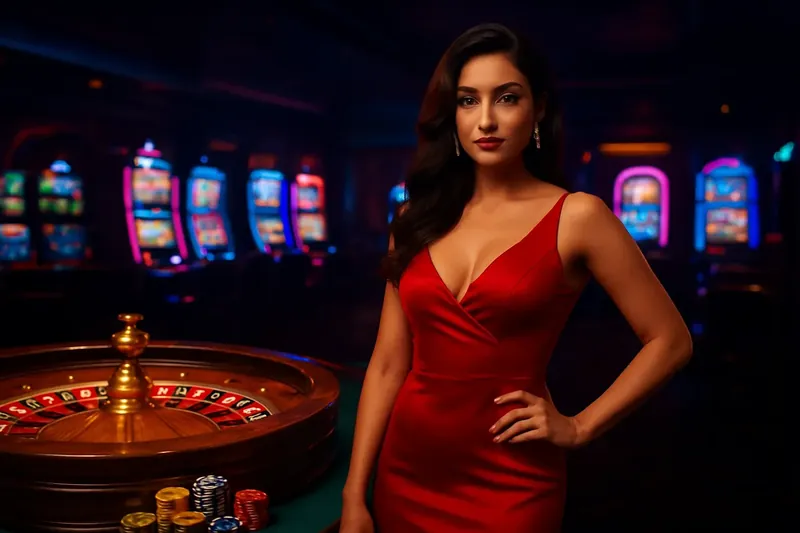 Elegant Casino Banner Beautiful woman in red dress posing confidently near roulette and slot machines in a luxury Bangladesh casino with neon lights, gold coins, and poker chips