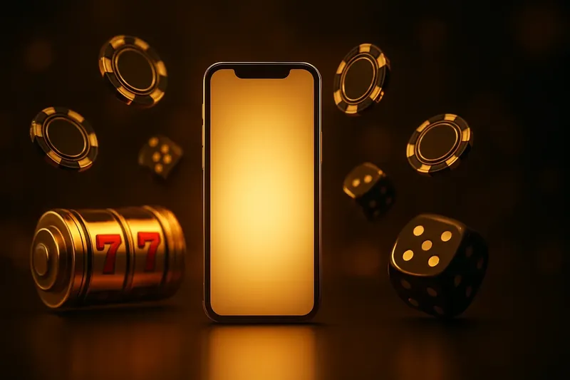 Luxury Casino Banner Glowing smartphone surrounded by casino chips, slot reels, and dice on dark gold background
